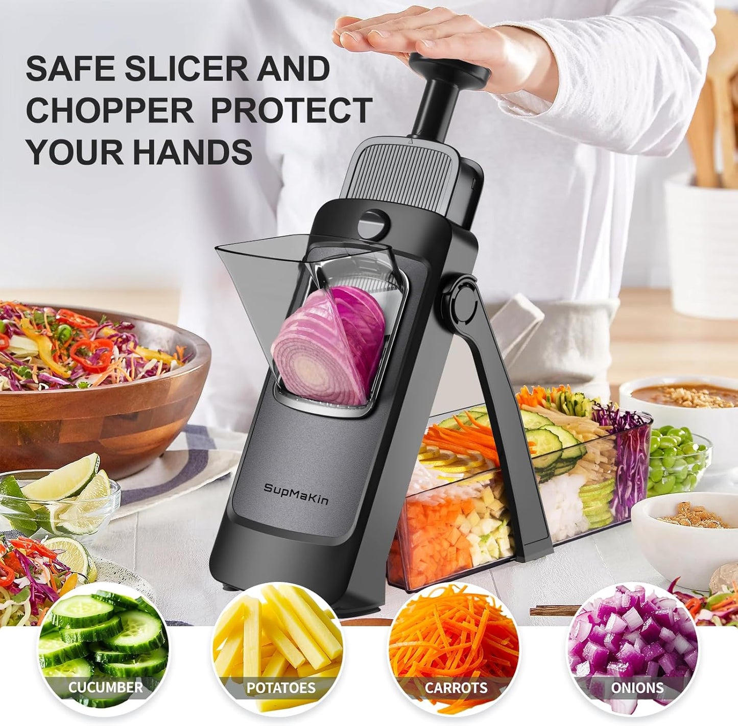 Upgrade Safe Mandoline Slicer for Kitchen, SupMaKin Bigger Entrance Vegetable Food Slice Potato Slicer Chopper, Adjustable Thickness Multi Mandolin, Julienne + Dicer Kitchen Must Haves Green