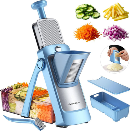 Upgrade Safe Mandoline Slicer for Kitchen, SupMaKin Bigger Entrance Vegetable Food Slice Potato Slicer Chopper, Adjustable Thickness Multi Mandolin, Julienne + Dicer Kitchen Must Haves Green
