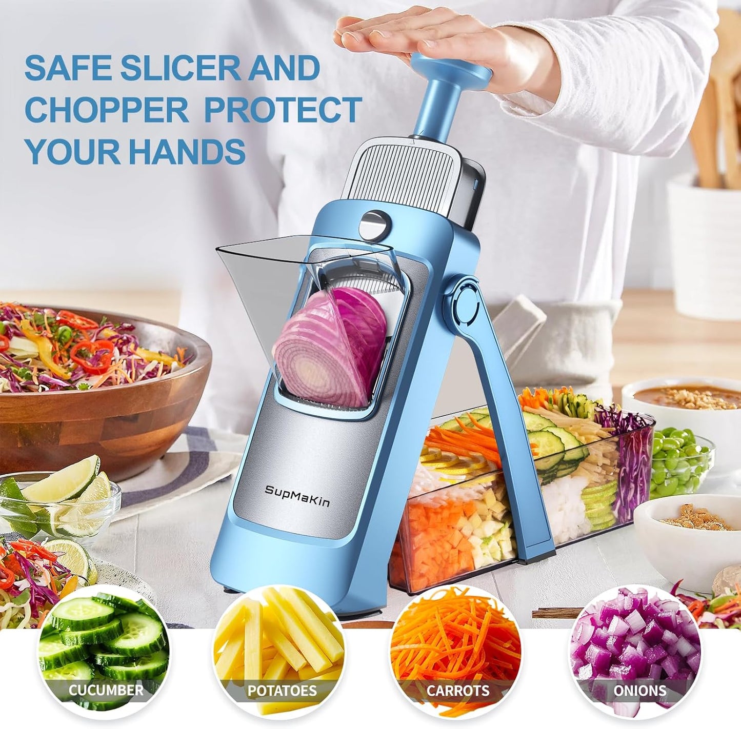 Upgrade Safe Mandoline Slicer for Kitchen, SupMaKin Bigger Entrance Vegetable Food Slice Potato Slicer Chopper, Adjustable Thickness Multi Mandolin, Julienne + Dicer Kitchen Must Haves Green