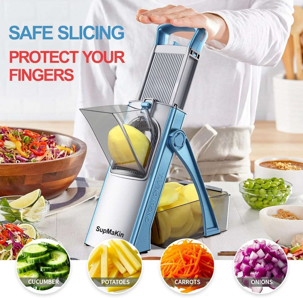 Upgrade Safe Mandoline Slicer for Kitchen, SupMaKin Bigger Entrance Vegetable Food Slice Potato Slicer Chopper, Adjustable Thickness Multi Mandolin, Julienne + Dicer Kitchen Must Haves Green