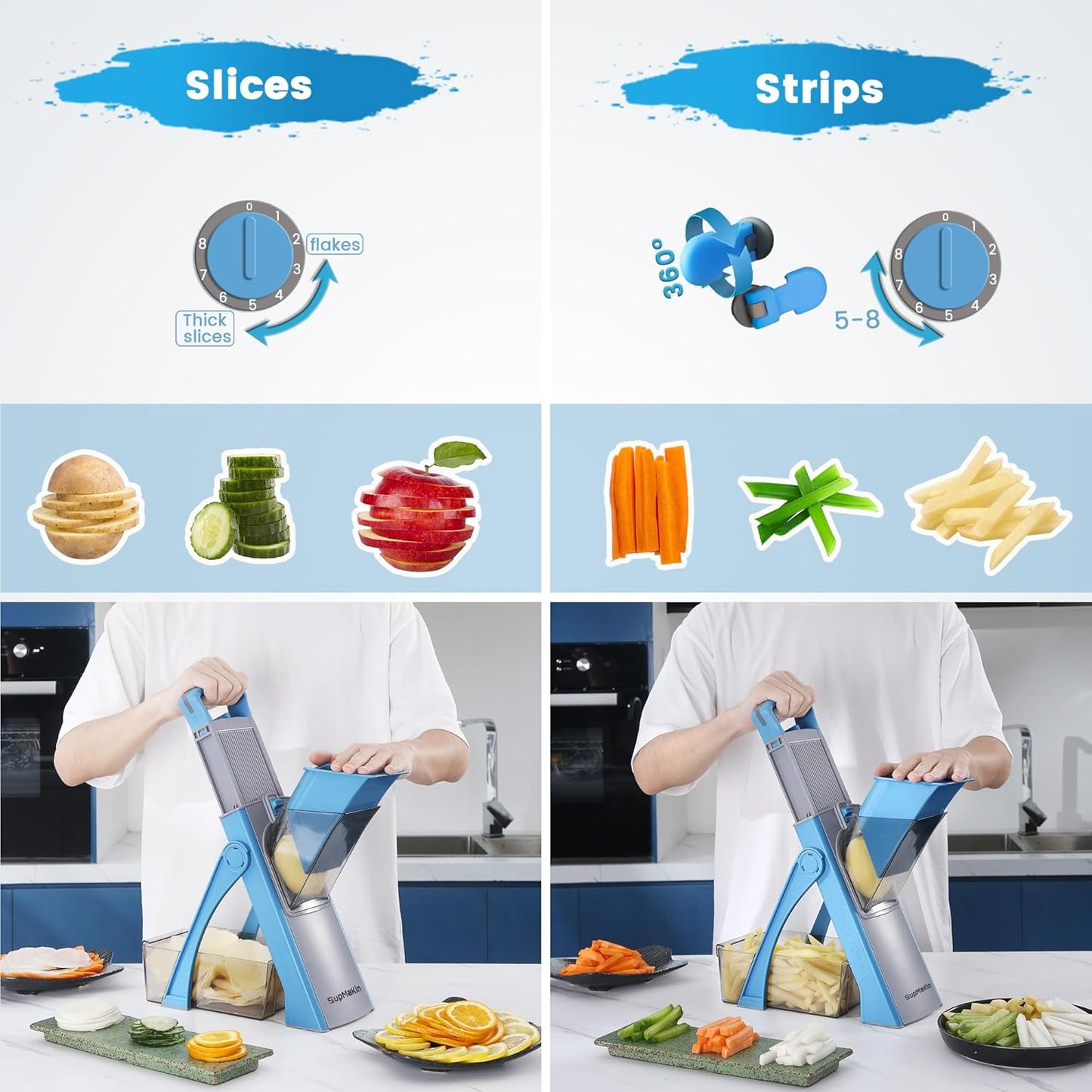 Upgrade Safe Mandoline Slicer for Kitchen, SupMaKin Bigger Entrance Vegetable Food Slice Potato Slicer Chopper, Adjustable Thickness Multi Mandolin, Julienne + Dicer Kitchen Must Haves Green