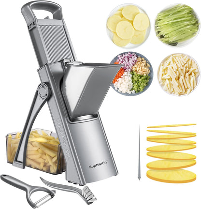 Upgrade Safe Mandoline Slicer for Kitchen, SupMaKin Bigger Entrance Vegetable Food Slice Potato Slicer Chopper, Adjustable Thickness Multi Mandolin, Julienne + Dicer Kitchen Must Haves Green