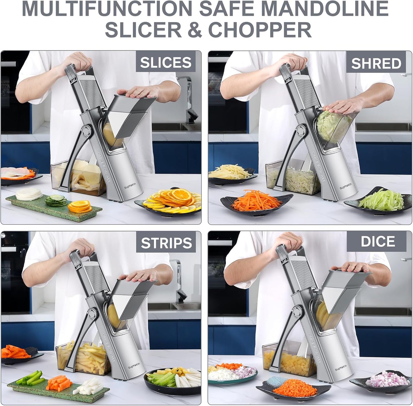 Upgrade Safe Mandoline Slicer for Kitchen, SupMaKin Bigger Entrance Vegetable Food Slice Potato Slicer Chopper, Adjustable Thickness Multi Mandolin, Julienne + Dicer Kitchen Must Haves Green
