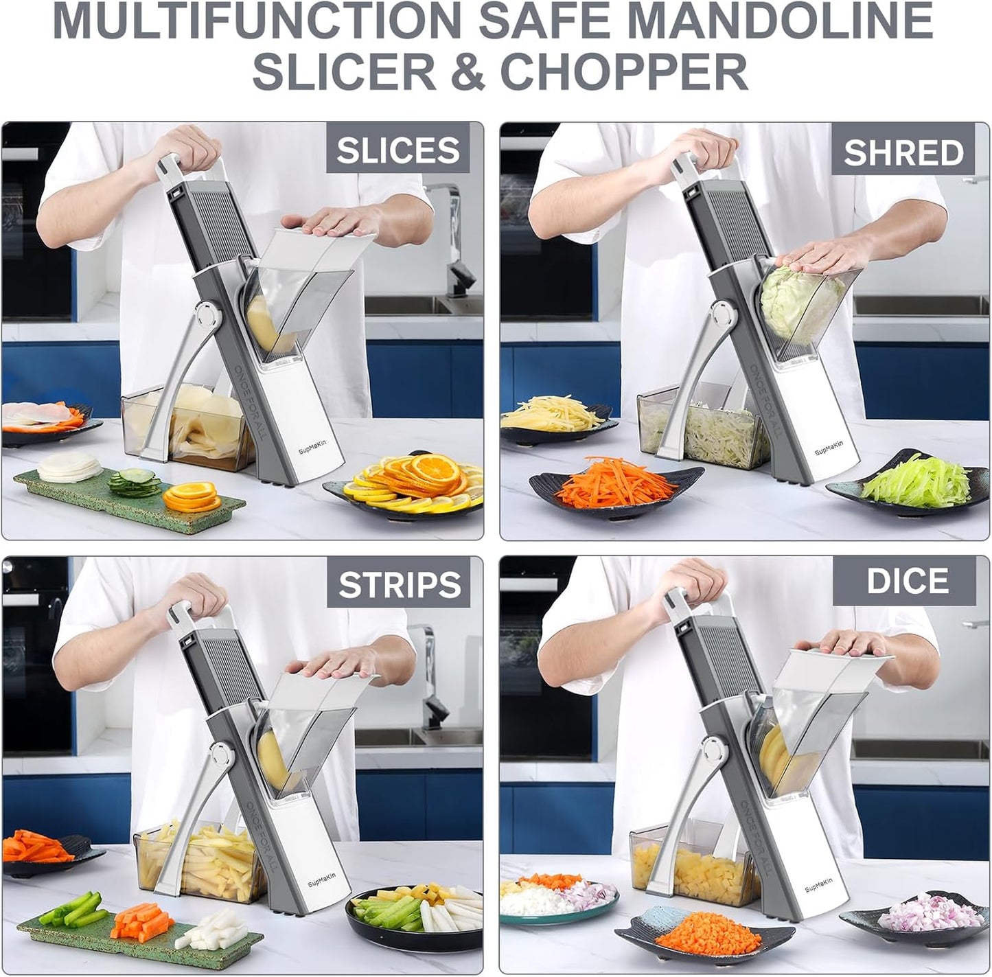 Upgrade Safe Mandoline Slicer for Kitchen, SupMaKin Bigger Entrance Vegetable Food Slice Potato Slicer Chopper, Adjustable Thickness Multi Mandolin, Julienne + Dicer Kitchen Must Haves Green