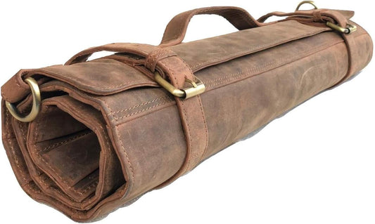 Genuine Buffalo Leather Knife Roll Set Chef's Knife Holder Cutlery Sheath Artist Case Organizer Storage bag Travel Friendly Gift for Men & Women (Light Brown)