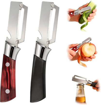 Multifunctional Vegetable Peeler, 2 in 1 Stainless Steel Fruit Veggie Peeler, Handheld Potato Peeler Knife with Bottle Opener Kitchen Tool for Peeling Carrot Pineapple Pumpkin Papaya(2 Pack)
