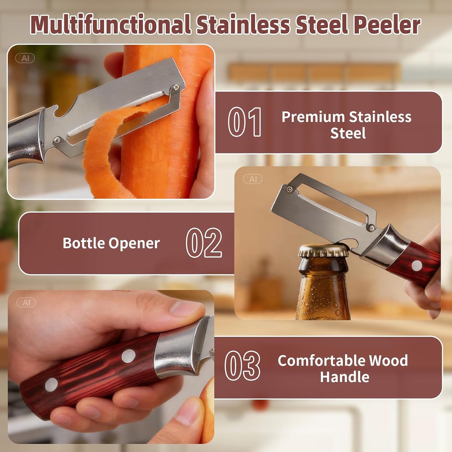 Multifunctional Vegetable Peeler, 2 in 1 Stainless Steel Fruit Veggie Peeler, Handheld Potato Peeler Knife with Bottle Opener Kitchen Tool for Peeling Carrot Pineapple Pumpkin Papaya(2 Pack)