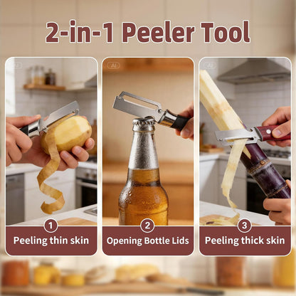 Multifunctional Vegetable Peeler, 2 in 1 Stainless Steel Fruit Veggie Peeler, Handheld Potato Peeler Knife with Bottle Opener Kitchen Tool for Peeling Carrot Pineapple Pumpkin Papaya(2 Pack)