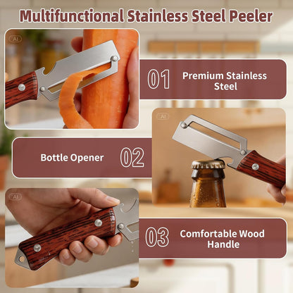 Multifunctional Vegetable Peeler, 2 in 1 Stainless Steel Fruit Veggie Peeler, Handheld Potato Peeler Knife with Bottle Opener Kitchen Tool for Peeling Carrot Pineapple Pumpkin Papaya(2 Pack)