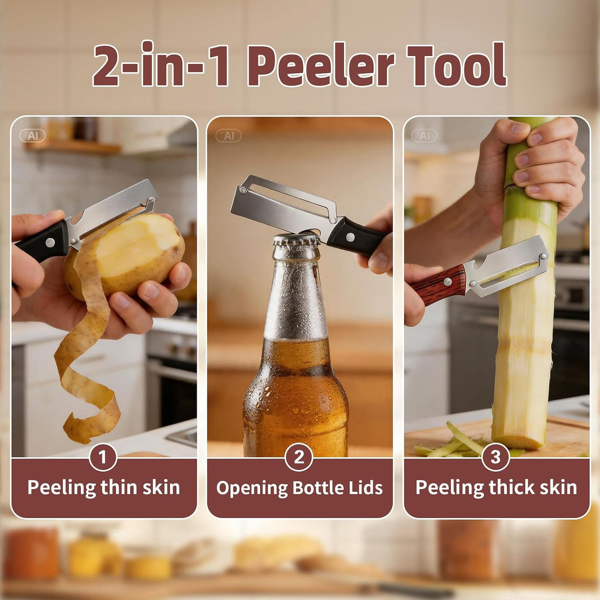 Multifunctional Vegetable Peeler, 2 in 1 Stainless Steel Fruit Veggie Peeler, Handheld Potato Peeler Knife with Bottle Opener Kitchen Tool for Peeling Carrot Pineapple Pumpkin Papaya(2 Pack)
