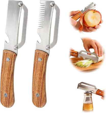 Multifunctional Vegetable Peeler, 2 in 1 Stainless Steel Fruit Veggie Peeler, Handheld Potato Peeler Knife with Bottle Opener Kitchen Tool for Peeling Carrot Pineapple Pumpkin Papaya(2 Pack)