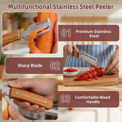 Multifunctional Vegetable Peeler, 2 in 1 Stainless Steel Fruit Veggie Peeler, Handheld Potato Peeler Knife with Bottle Opener Kitchen Tool for Peeling Carrot Pineapple Pumpkin Papaya(2 Pack)