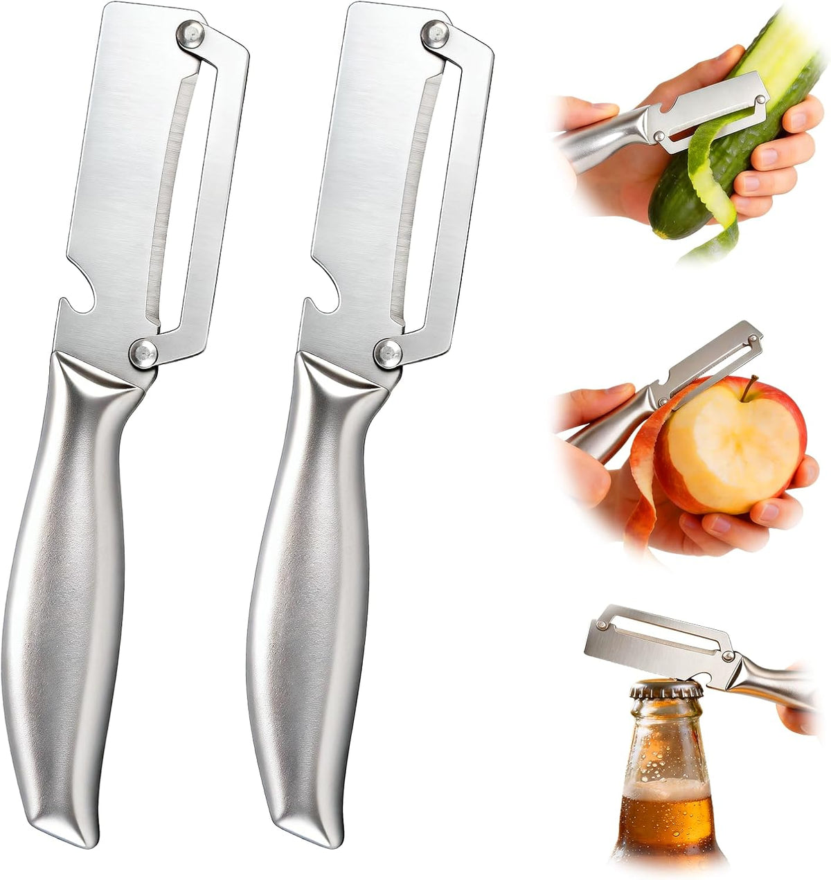 Multifunctional Vegetable Peeler, 2 in 1 Stainless Steel Fruit Veggie Peeler, Handheld Potato Peeler Knife with Bottle Opener Kitchen Tool for Peeling Carrot Pineapple Pumpkin Papaya(2 Pack)