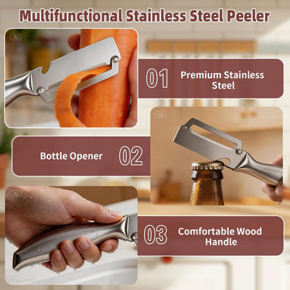 Multifunctional Vegetable Peeler, 2 in 1 Stainless Steel Fruit Veggie Peeler, Handheld Potato Peeler Knife with Bottle Opener Kitchen Tool for Peeling Carrot Pineapple Pumpkin Papaya(2 Pack)