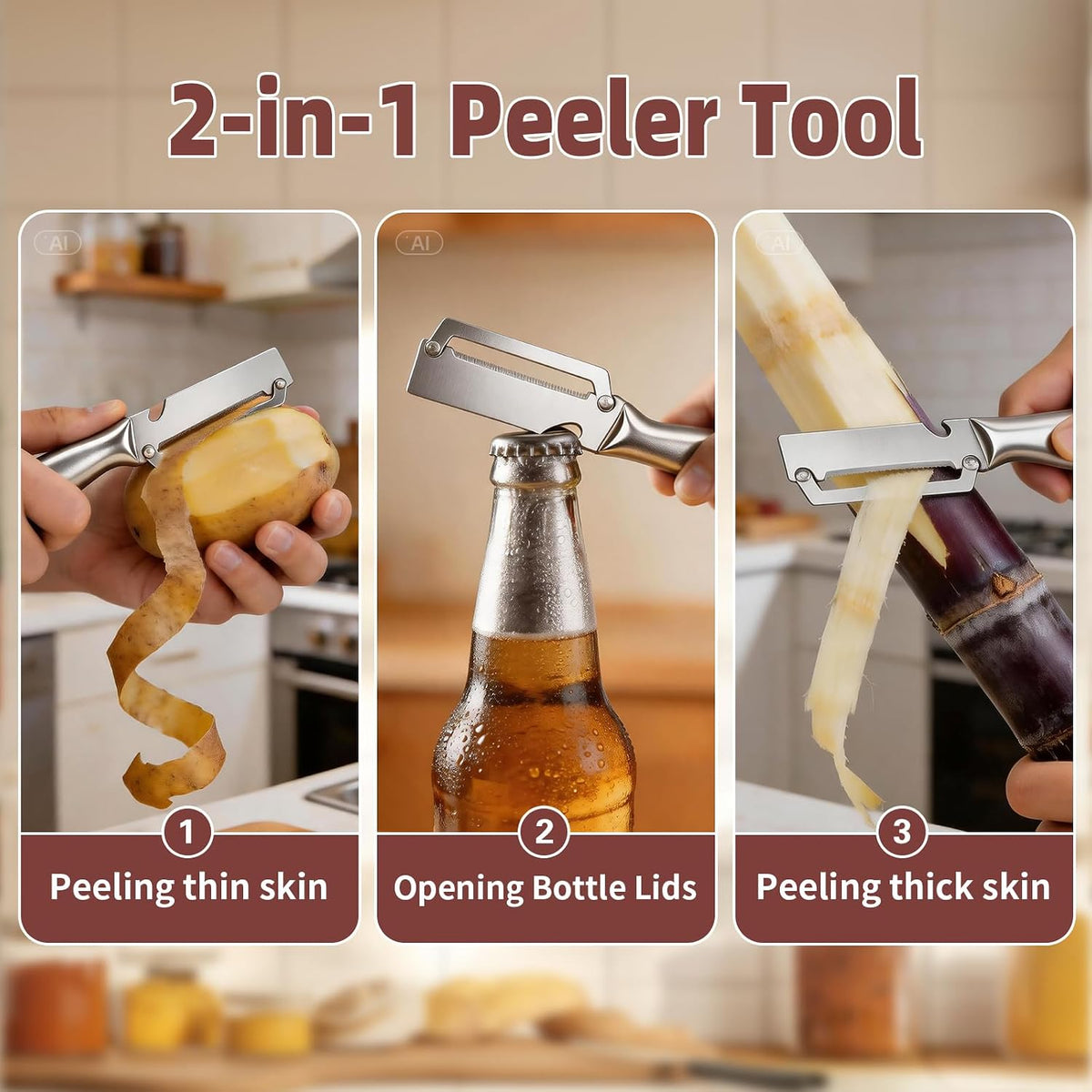 Multifunctional Vegetable Peeler, 2 in 1 Stainless Steel Fruit Veggie Peeler, Handheld Potato Peeler Knife with Bottle Opener Kitchen Tool for Peeling Carrot Pineapple Pumpkin Papaya(2 Pack)