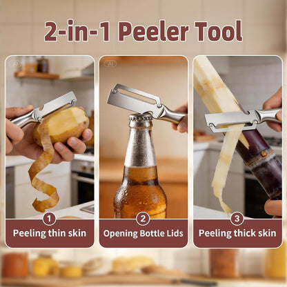Multifunctional Vegetable Peeler, 2 in 1 Stainless Steel Fruit Veggie Peeler, Handheld Potato Peeler Knife with Bottle Opener Kitchen Tool for Peeling Carrot Pineapple Pumpkin Papaya(2 Pack)