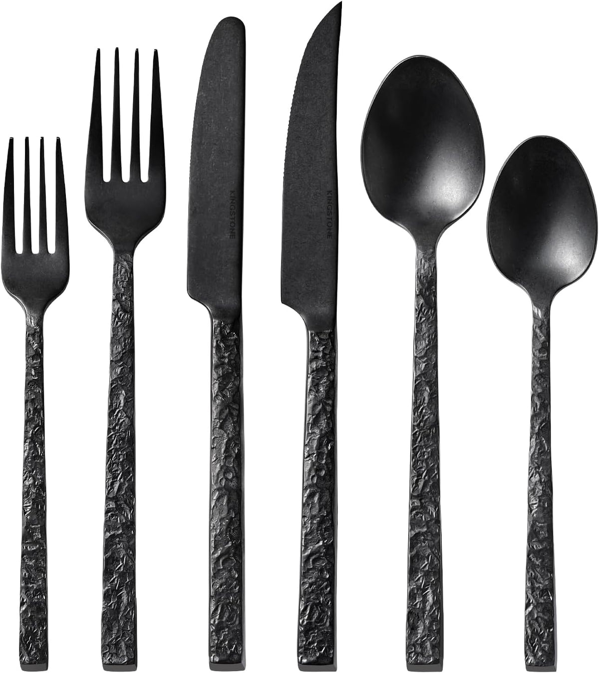 24 Pcs Black Hammered Silverware Set with Steak Knives for 4, 18/10 Stainless Steel Heavy Duty Flatware Set, Tableware Cutlery Utensil Sets for Home Restaurant Dishwasher Safe