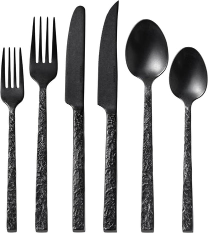 24 Pcs Black Hammered Silverware Set with Steak Knives for 4, 18/10 Stainless Steel Heavy Duty Flatware Set, Tableware Cutlery Utensil Sets for Home Restaurant Dishwasher Safe