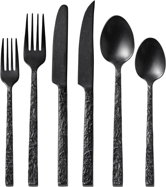 24 Pcs Black Hammered Silverware Set with Steak Knives for 4, 18/10 Stainless Steel Heavy Duty Flatware Set, Tableware Cutlery Utensil Sets for Home Restaurant Dishwasher Safe