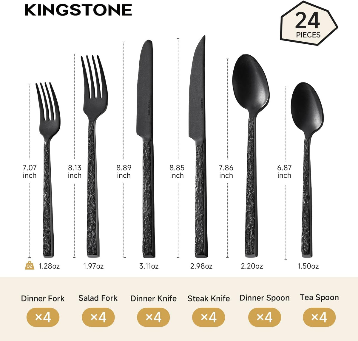 24 Pcs Black Hammered Silverware Set with Steak Knives for 4, 18/10 Stainless Steel Heavy Duty Flatware Set, Tableware Cutlery Utensil Sets for Home Restaurant Dishwasher Safe