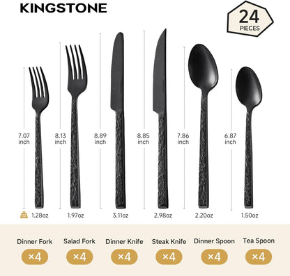 24 Pcs Black Hammered Silverware Set with Steak Knives for 4, 18/10 Stainless Steel Heavy Duty Flatware Set, Tableware Cutlery Utensil Sets for Home Restaurant Dishwasher Safe