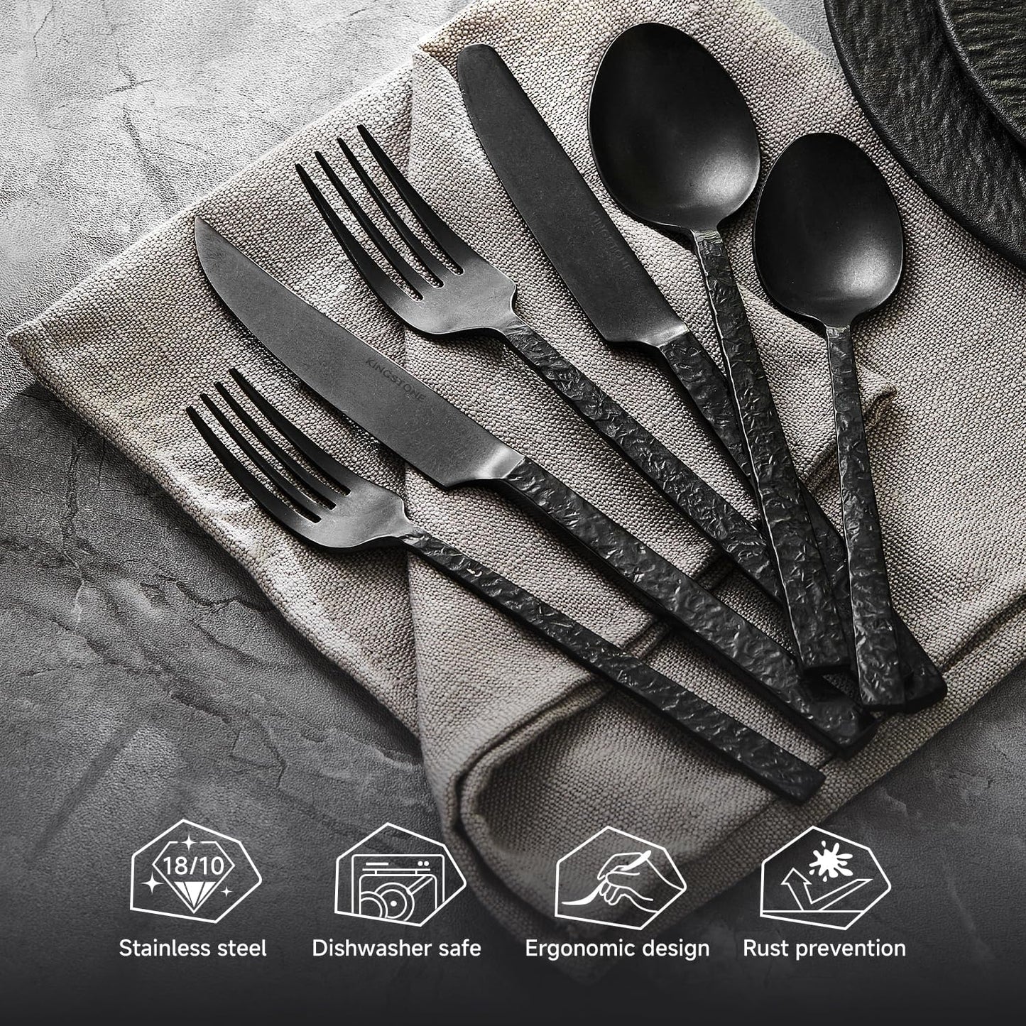 24 Pcs Black Hammered Silverware Set with Steak Knives for 4, 18/10 Stainless Steel Heavy Duty Flatware Set, Tableware Cutlery Utensil Sets for Home Restaurant Dishwasher Safe