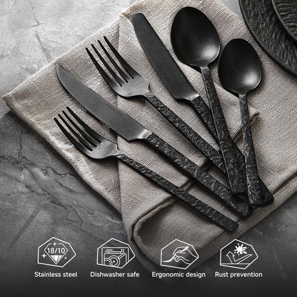 24 Pcs Black Hammered Silverware Set with Steak Knives for 4, 18/10 Stainless Steel Heavy Duty Flatware Set, Tableware Cutlery Utensil Sets for Home Restaurant Dishwasher Safe