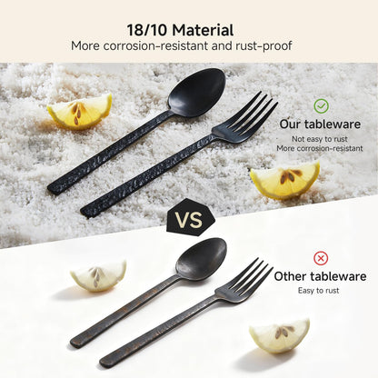 24 Pcs Black Hammered Silverware Set with Steak Knives for 4, 18/10 Stainless Steel Heavy Duty Flatware Set, Tableware Cutlery Utensil Sets for Home Restaurant Dishwasher Safe