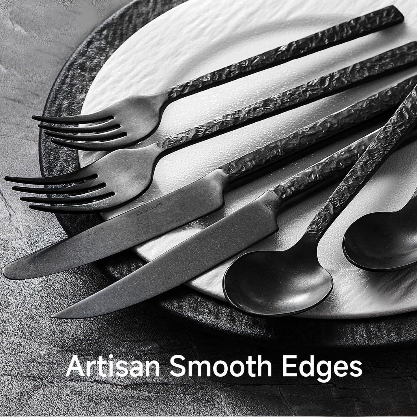 24 Pcs Black Hammered Silverware Set with Steak Knives for 4, 18/10 Stainless Steel Heavy Duty Flatware Set, Tableware Cutlery Utensil Sets for Home Restaurant Dishwasher Safe