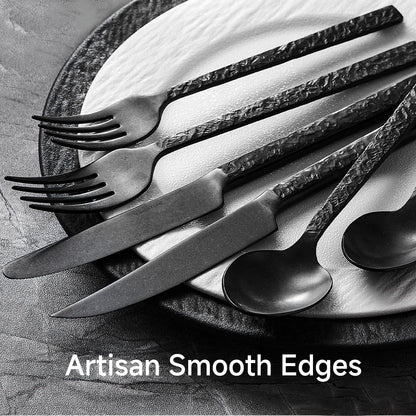 24 Pcs Black Hammered Silverware Set with Steak Knives for 4, 18/10 Stainless Steel Heavy Duty Flatware Set, Tableware Cutlery Utensil Sets for Home Restaurant Dishwasher Safe