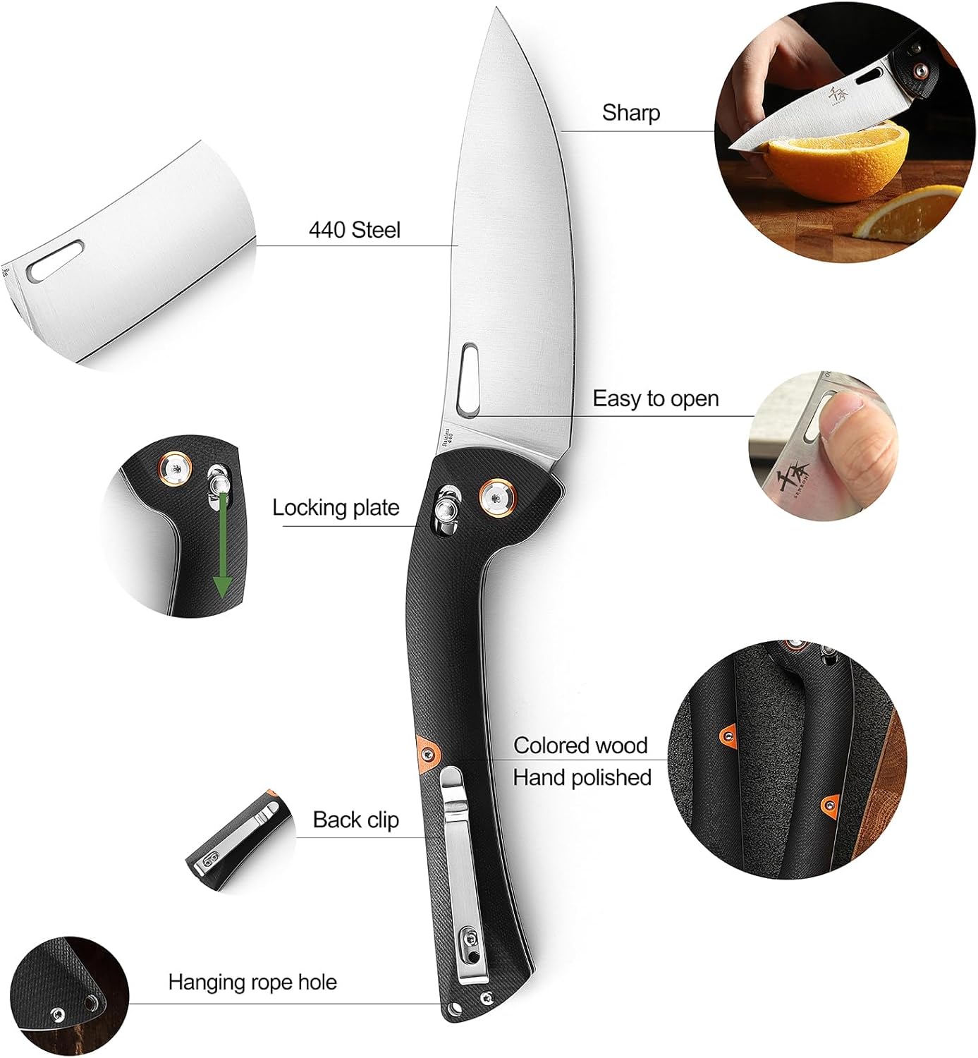 440 Stainless Steel Super Sharp Pocket Folding Chef Knife - Peeling, Utility, Fruit Knife - G10 Handle - Camping, Barbecue, Outdoor - Clip