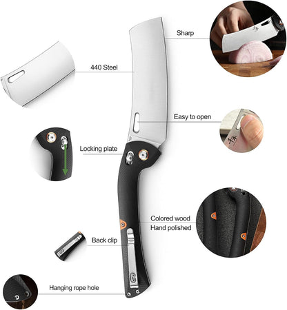 440 Stainless Steel Super Sharp Pocket Folding Chef Knife - Peeling, Utility, Fruit Knife - G10 Handle - Camping, Barbecue, Outdoor - Clip