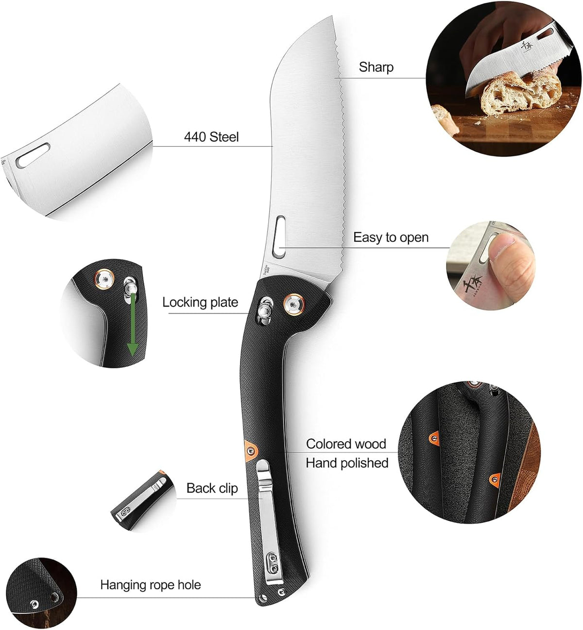 440 Stainless Steel Super Sharp Pocket Folding Chef Knife - Peeling, Utility, Fruit Knife - G10 Handle - Camping, Barbecue, Outdoor - Clip