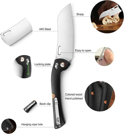 440 Stainless Steel Super Sharp Pocket Folding Chef Knife - Peeling, Utility, Fruit Knife - G10 Handle - Camping, Barbecue, Outdoor - Clip