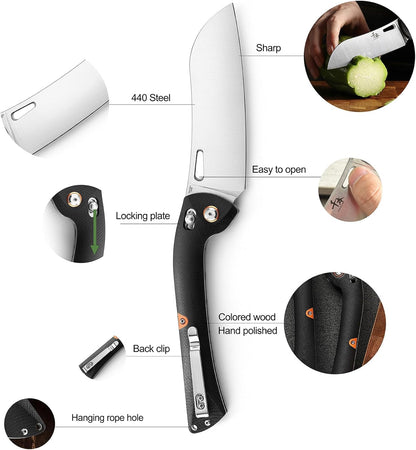 440 Stainless Steel Super Sharp Pocket Folding Chef Knife - Peeling, Utility, Fruit Knife - G10 Handle - Camping, Barbecue, Outdoor - Clip