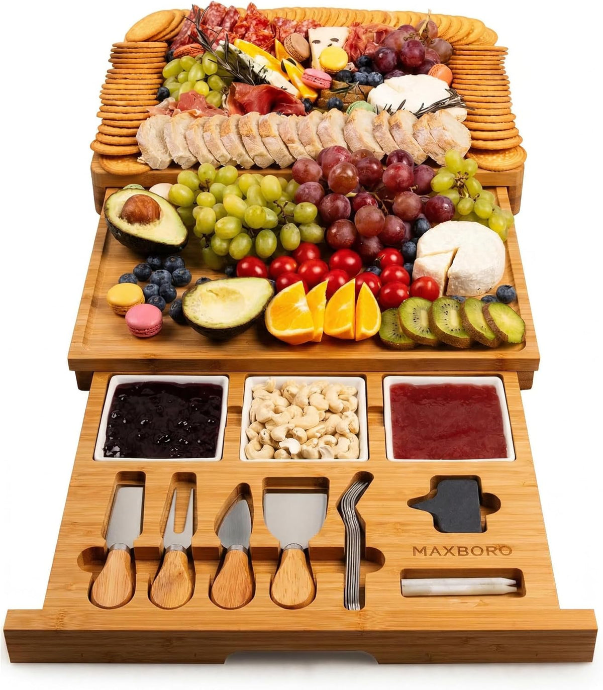 Extra Large Bamboo Charcuterie Board, 3-Layer Pull-Out Trays, Brown