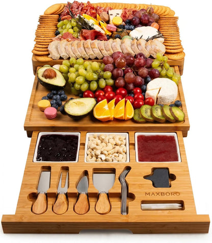 Extra Large Bamboo Charcuterie Board, 3-Layer Pull-Out Trays, Brown