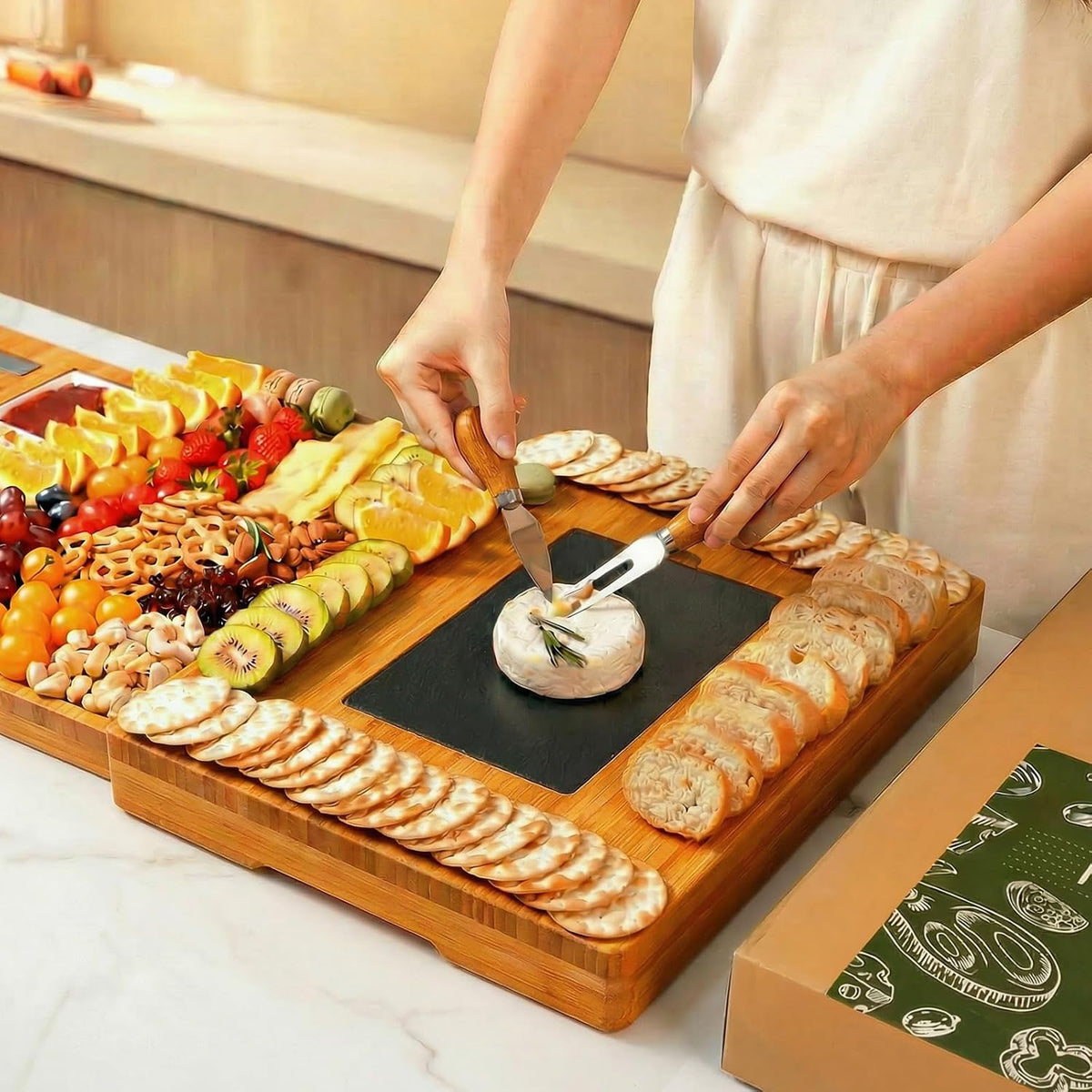 Extra Large Bamboo Charcuterie Board, 3-Layer Pull-Out Trays, Brown