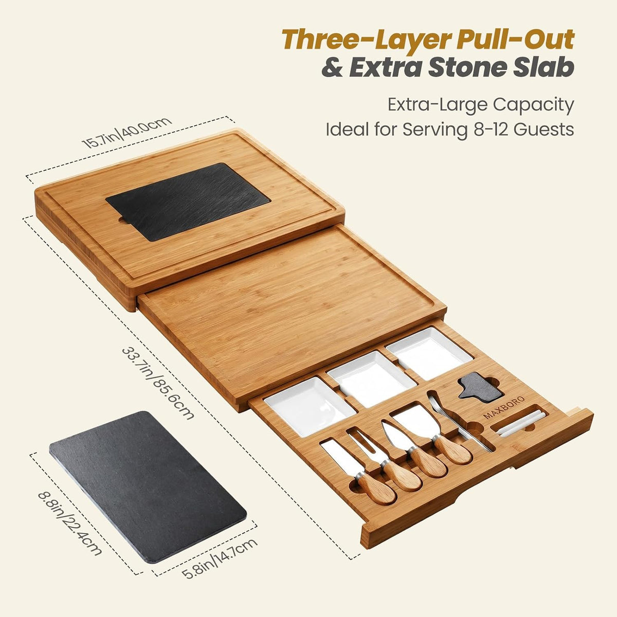 Extra Large Bamboo Charcuterie Board, 3-Layer Pull-Out Trays, Brown