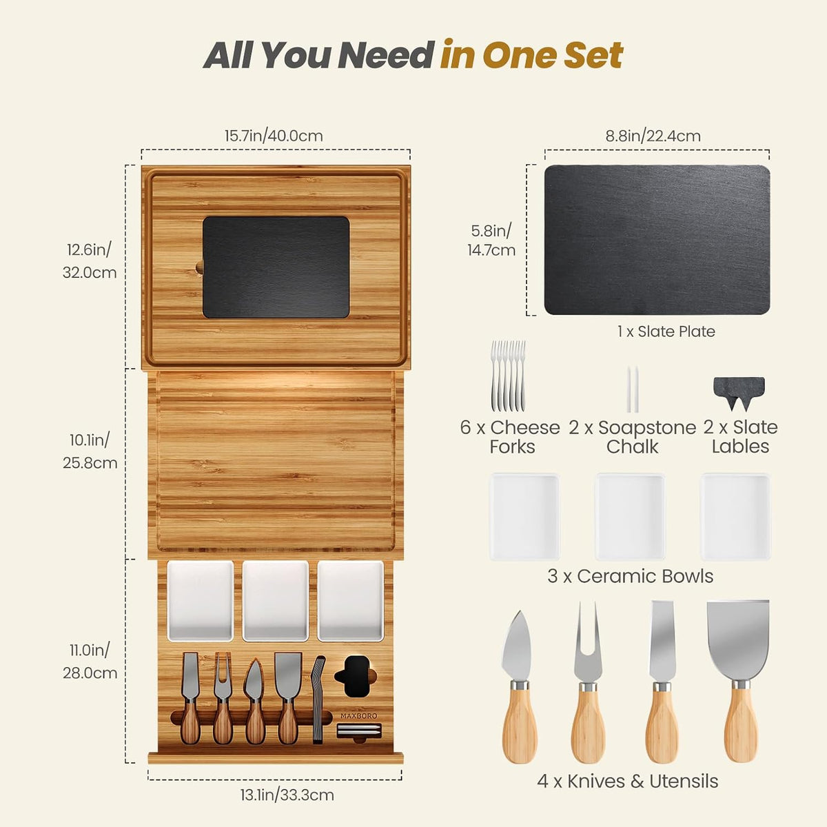 Extra Large Bamboo Charcuterie Board, 3-Layer Pull-Out Trays, Brown
