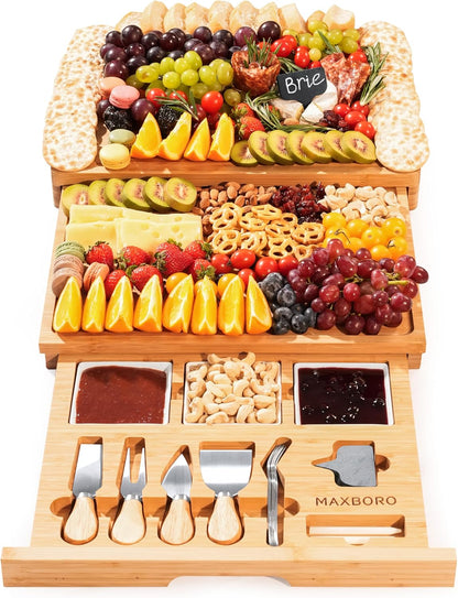 Extra Large Bamboo Charcuterie Board, 3-Layer Pull-Out Trays, Brown