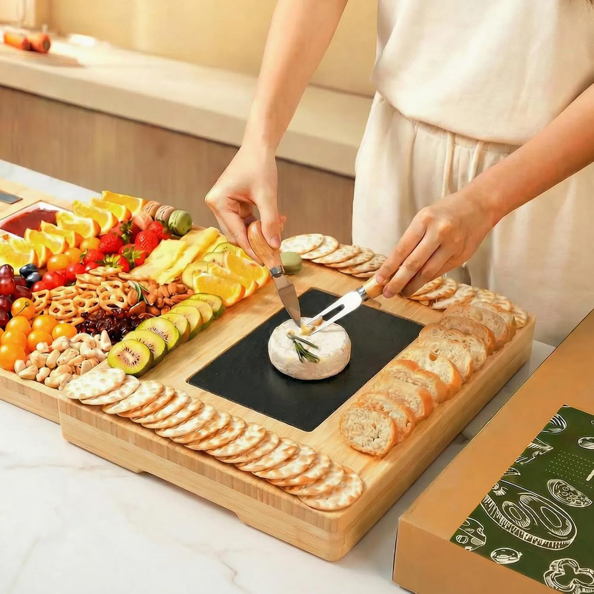 Extra Large Bamboo Charcuterie Board, 3-Layer Pull-Out Trays, Brown