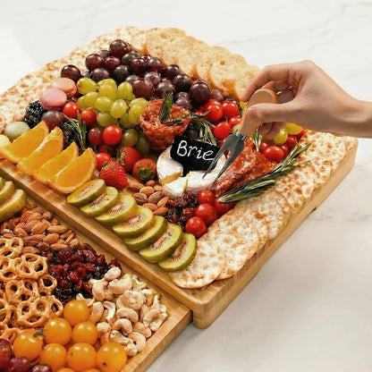Extra Large Bamboo Charcuterie Board, 3-Layer Pull-Out Trays, Brown