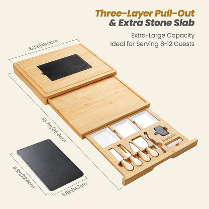 Extra Large Bamboo Charcuterie Board, 3-Layer Pull-Out Trays, Brown