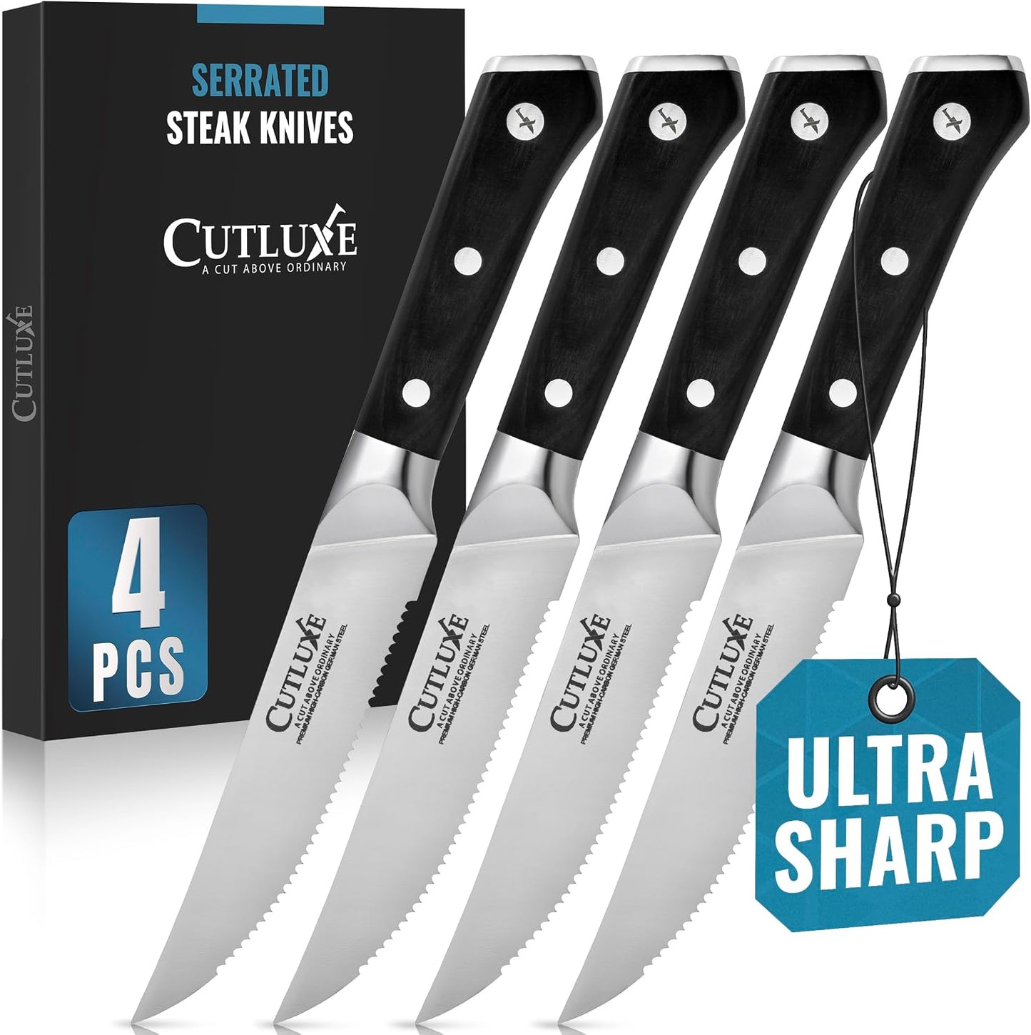 Steak Knives Set of 4 – Serrated Forged German Steel | Full Tang Ergonomic Handle Design, High Carbon Blades – Artisan Series, Razor Sharp