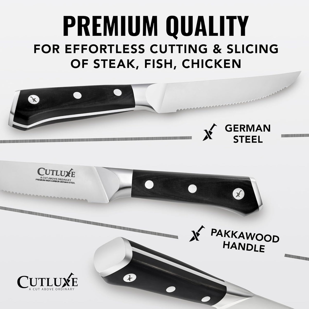 Steak Knives Set of 4 – Serrated Forged German Steel | Full Tang Ergonomic Handle Design, High Carbon Blades – Artisan Series, Razor Sharp