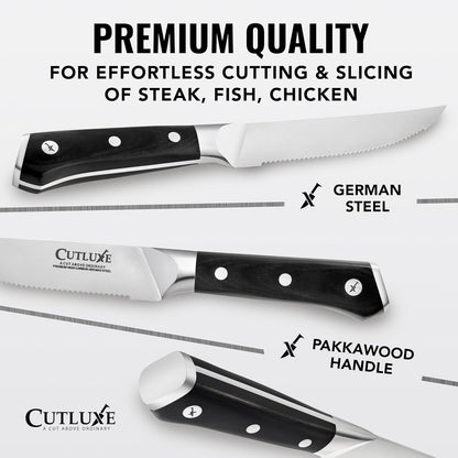 Steak Knives Set of 4 – Serrated Forged German Steel | Full Tang Ergonomic Handle Design, High Carbon Blades – Artisan Series, Razor Sharp