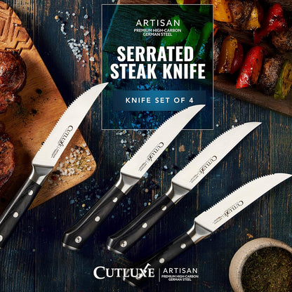 Steak Knives Set of 4 – Serrated Forged German Steel | Full Tang Ergonomic Handle Design, High Carbon Blades – Artisan Series, Razor Sharp