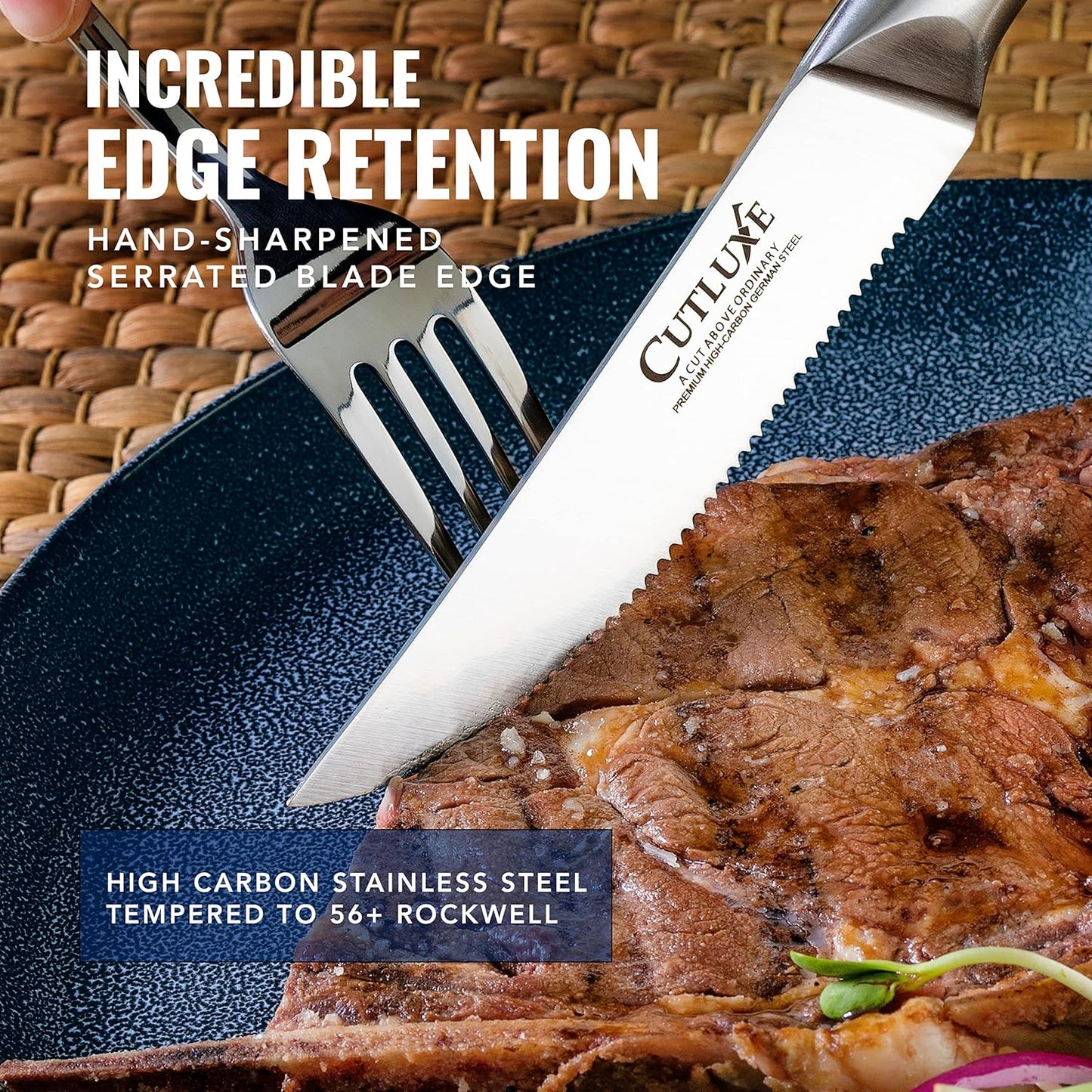 Steak Knives Set of 4 – Serrated Forged German Steel | Full Tang Ergonomic Handle Design, High Carbon Blades – Artisan Series, Razor Sharp
