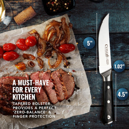 Steak Knives Set of 4 – Serrated Forged German Steel | Full Tang Ergonomic Handle Design, High Carbon Blades – Artisan Series, Razor Sharp